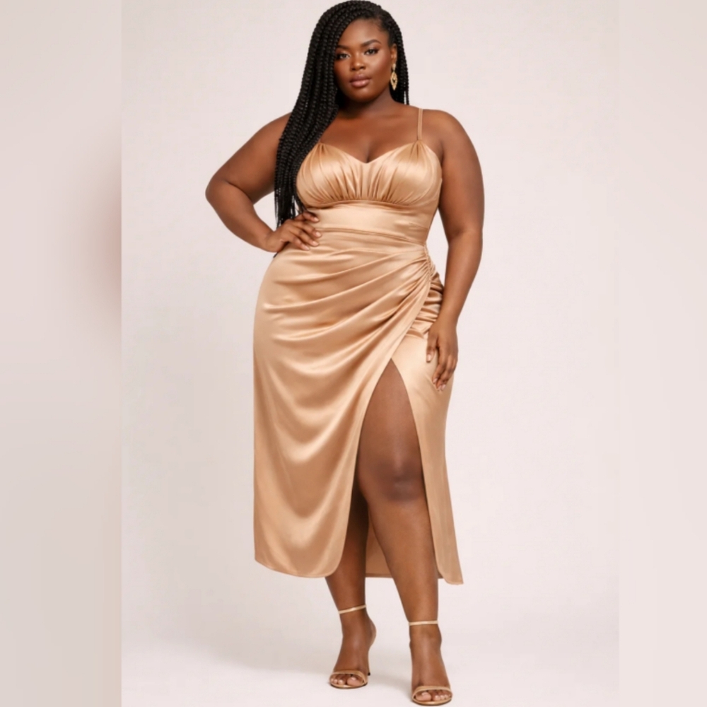 Forever 21 CHAMPAGNE RUCHED SATIN MIDI DRESS WITH SLIT SIZE 2X NWT